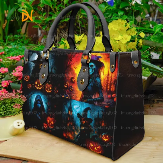 Discover Halloween Witch Handbag with Pumpkin & Haunted House, Halloween Leather Handbag