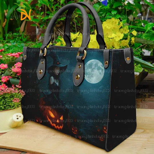 Discover Halloween Witch Handbag Gothic Tote with Pumpkin, Full Moon Spooky Purse Cosplay