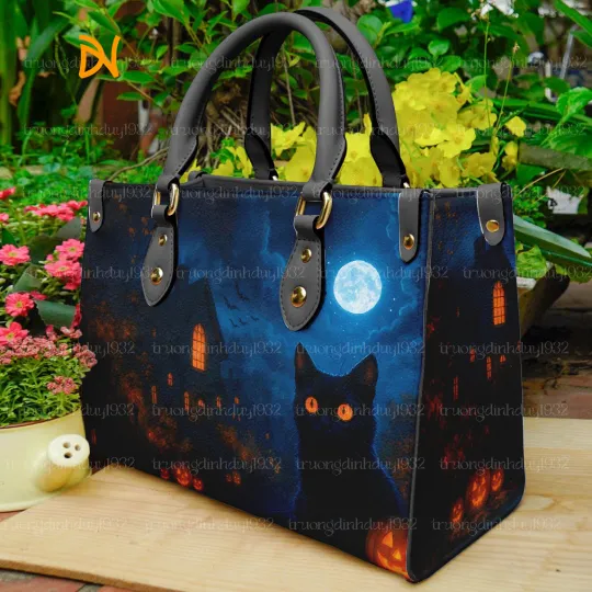 Gothic Halloween Shoulder Bag – Black Cat with Moon & Jack O’Lantern Print