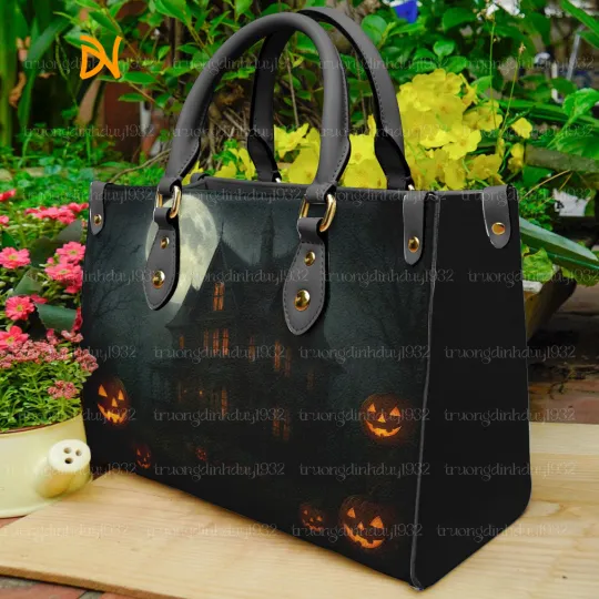 Discover Halloween Handbag with Haunted House & Pumpkin Design – Gothic Tote Bag