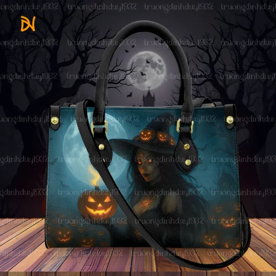 Discover Halloween Witch Handbag with Pumpkins & Full Moon Gothic Shoulder Tote Bag