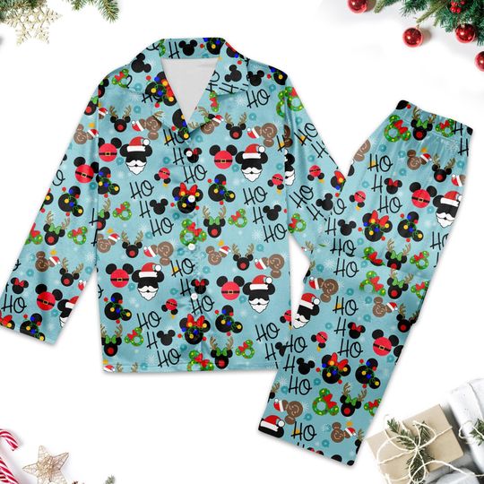 Mickey and Friends Ho Ho Ho Christmas Pajamas Set, Mickey Mouse and Minnie Mouse Xmas Sleepwear for Adults