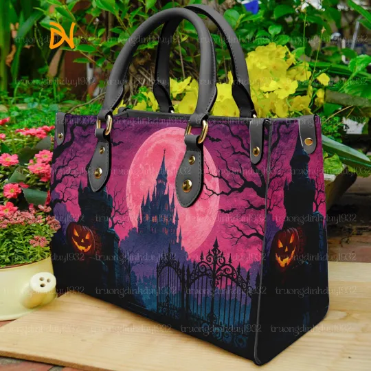 Discover Women’s Halloween Crossbody Bag – Haunted Castle Pumpkin Purse Gothic Pink Moon