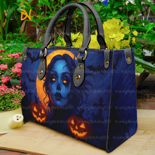 Discover Women’s Halloween Crossbody Bag – Gothic Blue Skull Girl Pumpkin Bat Print Purse