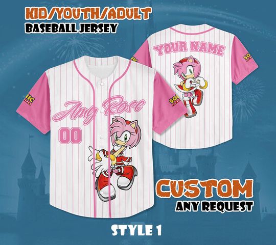 Discover Custom Amy Rose Baseball Jersey, Personalized Amy Rose Jersey Shirt, Sonic the Hedgehog Shirt, Gift for Disney Fans & Kids, Birthday Gifts