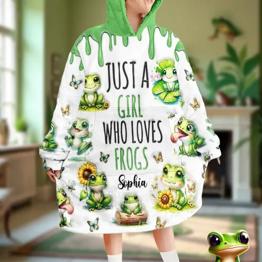 Discover Just A Girl Who Loves Frogs - Personalized Frog Blanket Hoodie Kids, Size One Si
