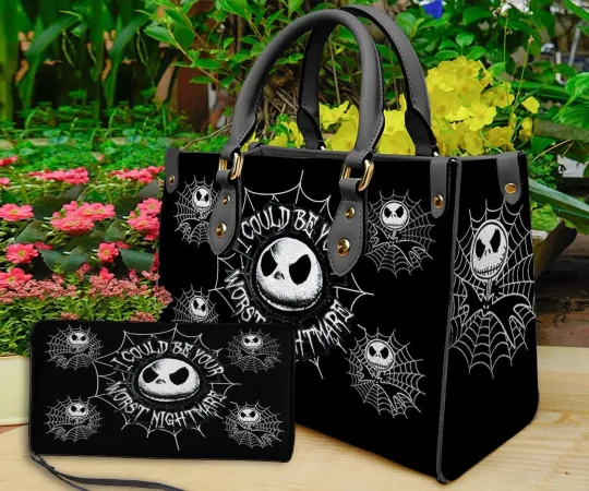 Discover Halloween Personalized Leather Handbag, Jack Skellington Handbag, Shoulder Bag