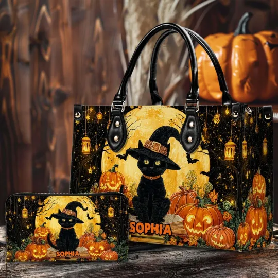 Discover Personalized Black Cat Moon Witch Handbag and Wallet Halloween Pumpkin Cat Witch