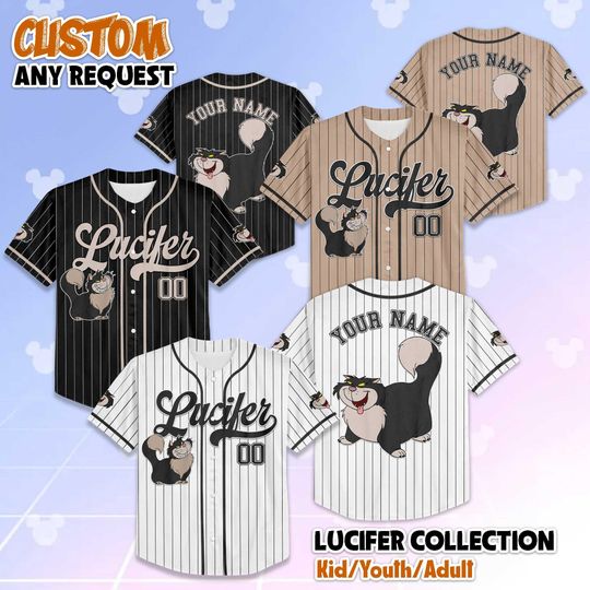 Discover Personalized Lucifer the cat Baseball Jersey, Cinde Shirt, Custom Disney Jersey, Funny Cat Tee, Disney Outfit, Gift for Cat Lovers