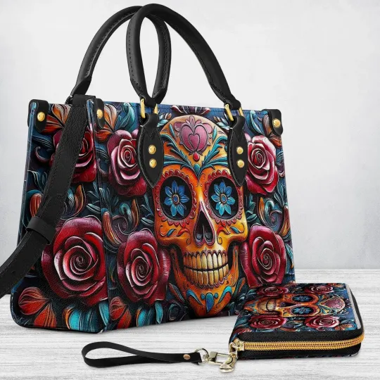 Discover Personalized Leather Handbag & Wallet Vivid Skull and Roses, Gift Halloween