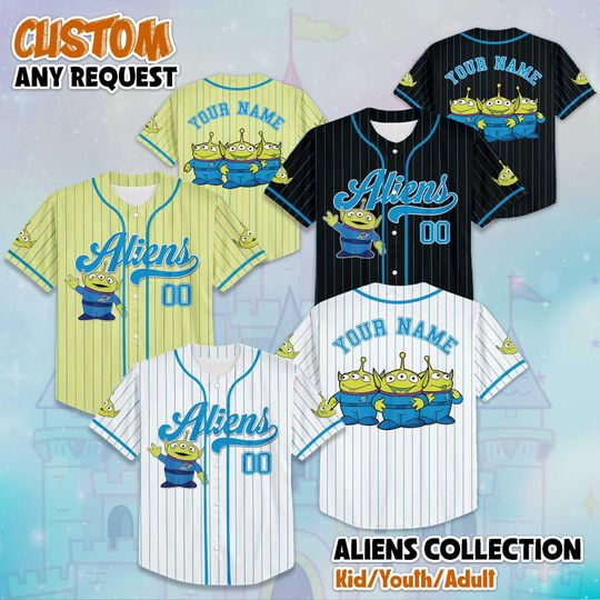 Discover Personalized Little Green Aliens Baseball Jersey, Disney Toy Story Aliens Jersey Shirt, Disney Baseball Jersey Sports Cute Gifts For Fans