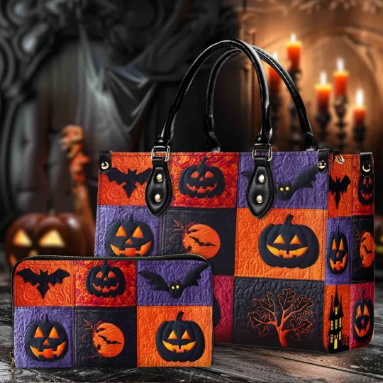Discover Halloween Pumpkin Bat Handbag and Wallet Set, Autumn Pumpkin Print Bag Spooky