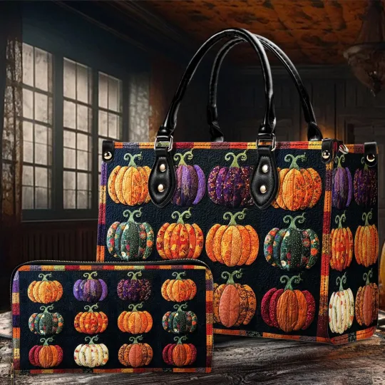 Discover Halloween Pumpkin Handbag and Wallet Set Autumn Pumpkin Print Bag Spooky Pumpkin