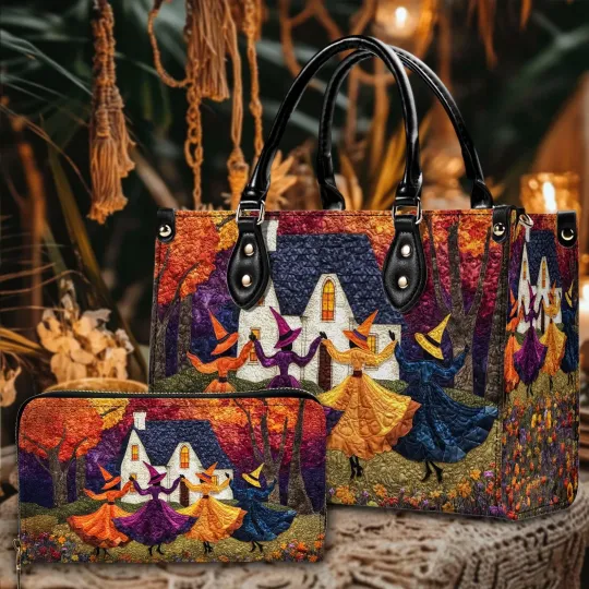 Discover Halloween Witches Dancing Handbag and Wallet Set, Autumn Witch House Print Bag