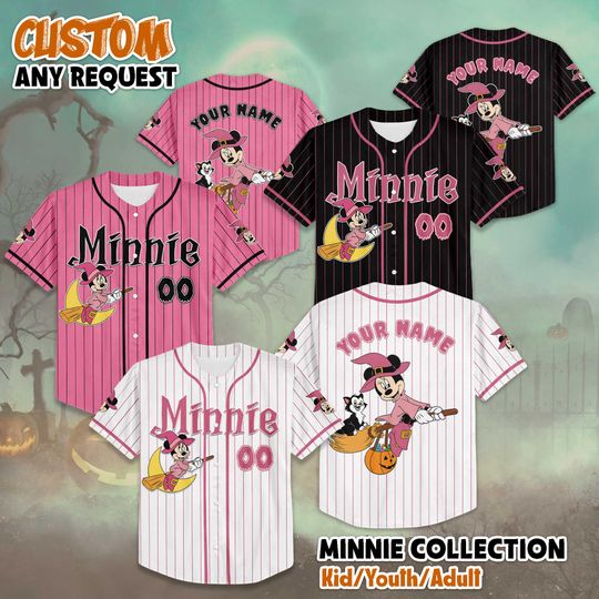 Discover Personalized Minnie Mouse Halloween Baseball Jersey, Custom Disney Mickey and Friends Shirt, Halloween Town Outfit, Gift for Disney Fans