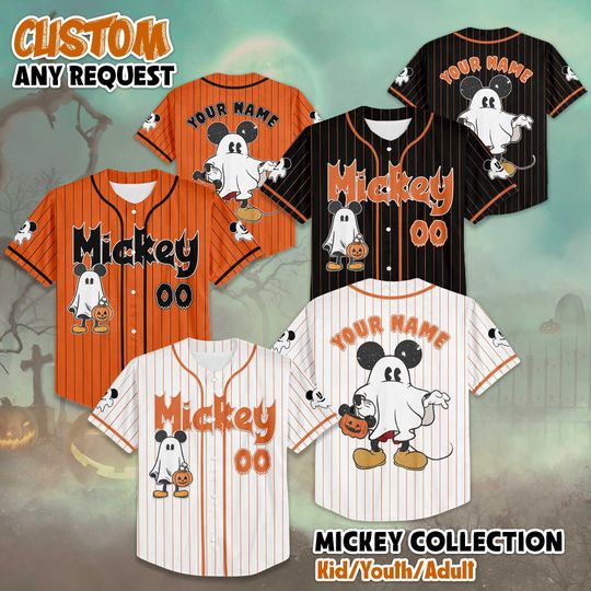 Discover Personalized Mickey Ghost Pumpkin Baseball Jersey, Custom Disney Mickey and Friends Shirt, Halloween Town Outfit, Gift for Disney Fans