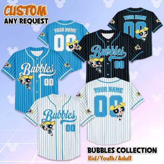 Discover Personalized The Powerpuff Girls Bubbles Baseball Jersey, Custom Bubbles Cartoon Shirt, Retro Jersey Gift for Kids & 90s Fans