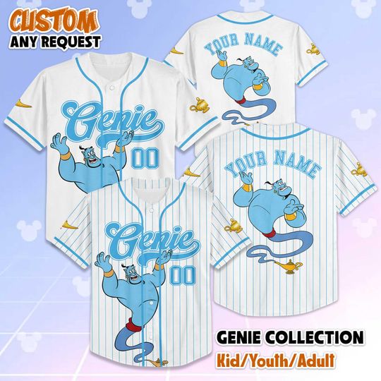 Personalized Genie Baseball Jersey, Custom Aladdin Disney Shirt, Magic Lamp Jersey, Funny Blue Genie Outfit, Gift for Disney Fans