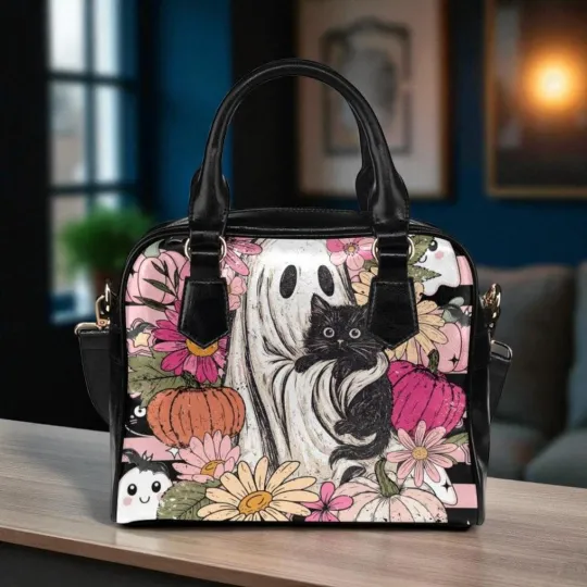 Floral ghost cat handbag, retro halloween satchel bag, witchy pumpkin crossbody,