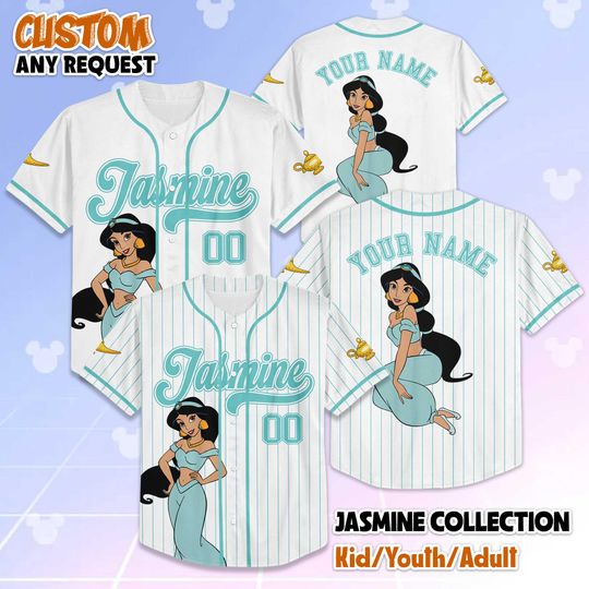 Personalized Jasmine Baseball Jersey, Custom Disney Princess Jersey Shirt, Disney Aladdin Baseball Team Outfit, Gift for Disney Fans & Kids
