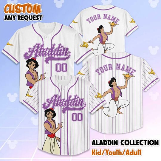 Discover Personalized Aladdin Baseball Jersey, Custom Disney Prince Jersey Shirt, Disney Aladdin Baseball Team Outfit, Gift for Disney Fans & Kids