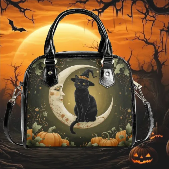 Whimsical Halloween black cat moon with pumpkins Satchel fun cute purse handbag