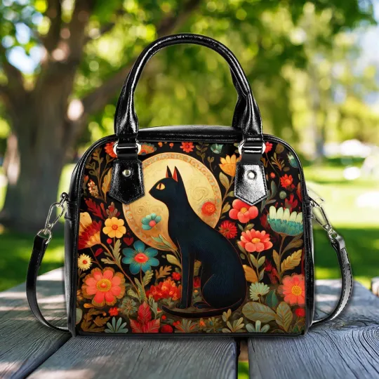 Gothic Witch Cat Satchel Floral Bohemian Handbag purse handbag, gift Halloween