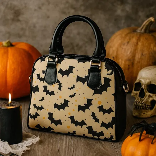Discover Halloween Bat Pattern Handbag – Spooky Cute Purse with Black Handles, Halloween