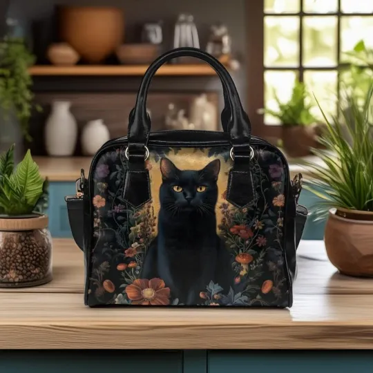 Discover Gothic Black Cat Vegan Leather Purse Dark Cottagecore Floral Handbag Halloween