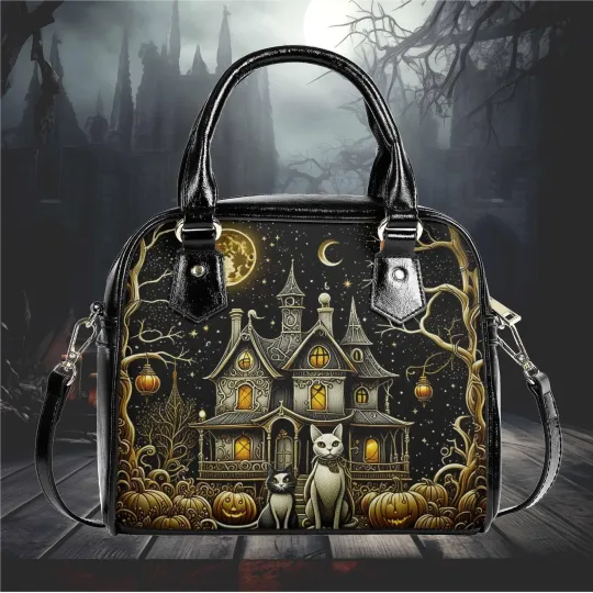 Discover Whimsical Halloween Purse Satchel haunted house cats fun cute messenger handbag