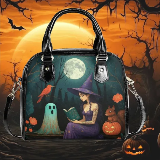 Discover Shoulder Handbag satchel Halloween ghost and witch pumpkin messenger purse black