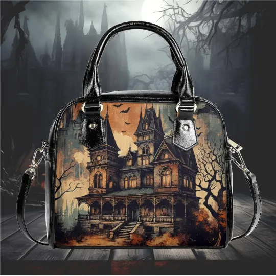 Discover Whimsical Halloween haunted house with bats Purse Satchel fun cute messenger