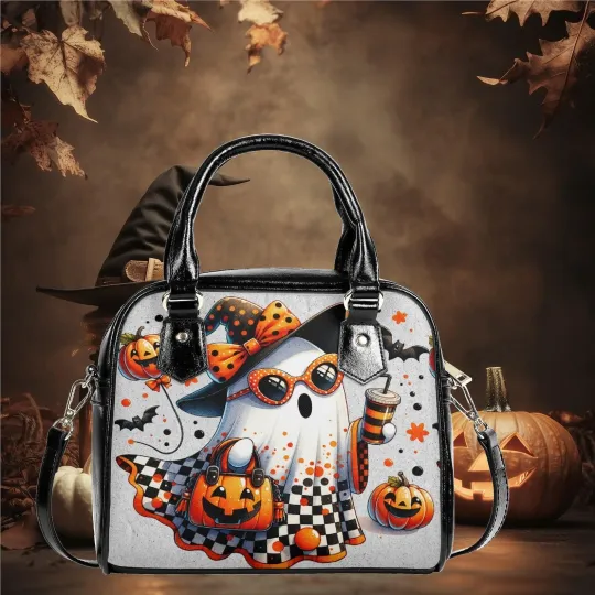 Whimsical Halloween ghost pumpkin with coffee Purse Satchel fun cute satchel