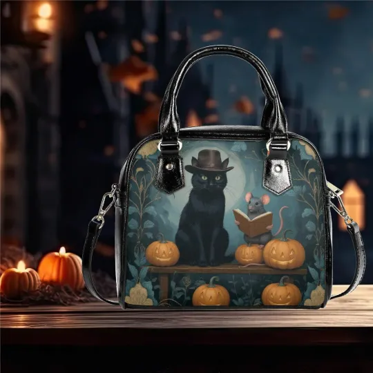 Discover Whimsical Halloween black cat reading a book rat moon pumpkins Satchel fun cute