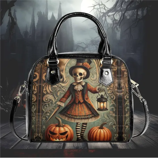Discover Shoulder Handbag vegan leather satchel messenger Halloween Skeleton purse black