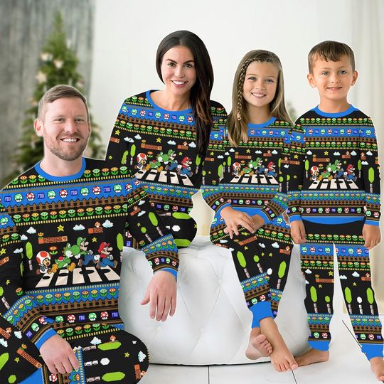 Christmas Super Mario Family Pajamas Set, Mario Matching Pajamas, Mario Luigi Yoshi Toad Crosswalk Shirt, Game Lover Pajamas For Party