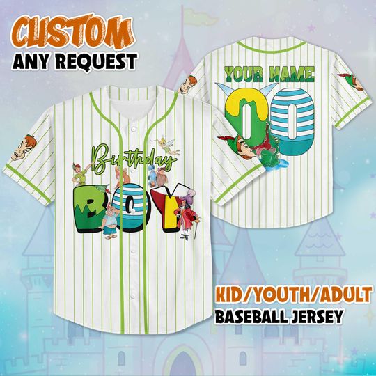 Discover Custom Birthday Boy Peter Pan Baseball Jersey, Personalized Peter Pan Jersey Shirt, Gift for Disney Fans & Kids