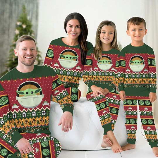 Baby Yoda Family Pajamas Set, Christmas The Mandalorian Holiday Pajamas, Star Wars Matching Pajamas, Pajamas For Party, Disney Xmas Pjs
