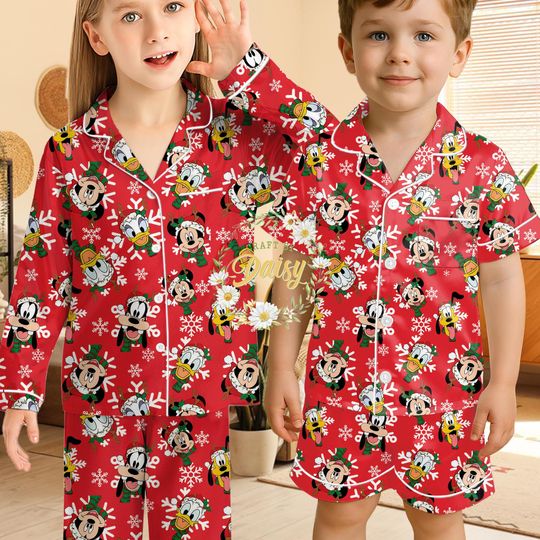 Discover Disney Mickey and Friends Christmas Pajamas for Kids, Long Sleeve & Short Sleeve Pjsets, Minnie Mouse Goofy Daisy Donald Pluto,Gift For Kids