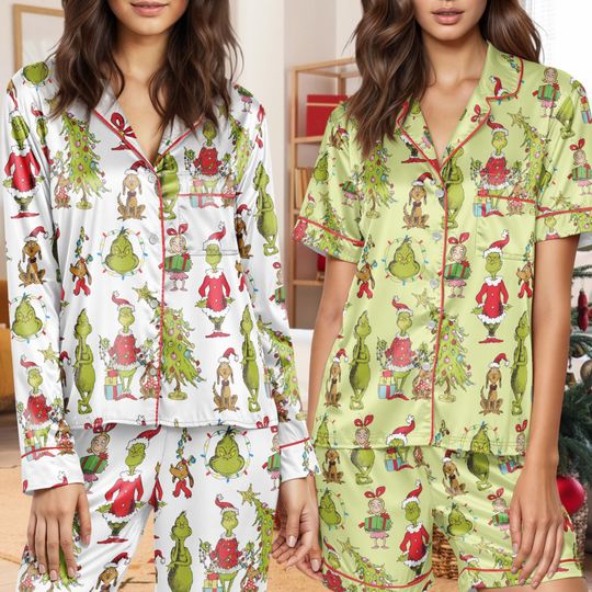 Discover Funny funny character Silky Satin Pajama Set, funny character Pajama Set Short or Long Sleeve, Christmas Season Women Kids Sleepwear, Family Matching Pjs Set