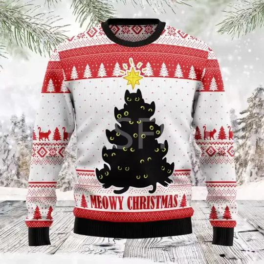 Discover Cartoon Dog Cat Santa Claus Tattoo Christmas Ugly Sweater Long Sleeve