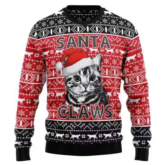 Discover Cat Christmas Ugly Sweater Cartoon Dog Cat Santa Claus Tattoo Long Sleeves 3