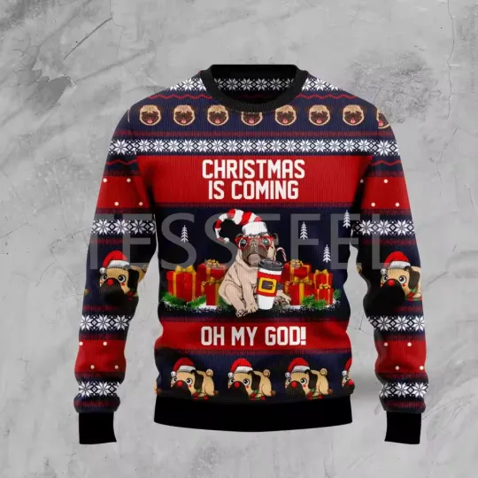 Funny Christmas Ugly Sweater with Cartoon Dog, Cat, Santa Claus, and Tattoo Long Sleeve