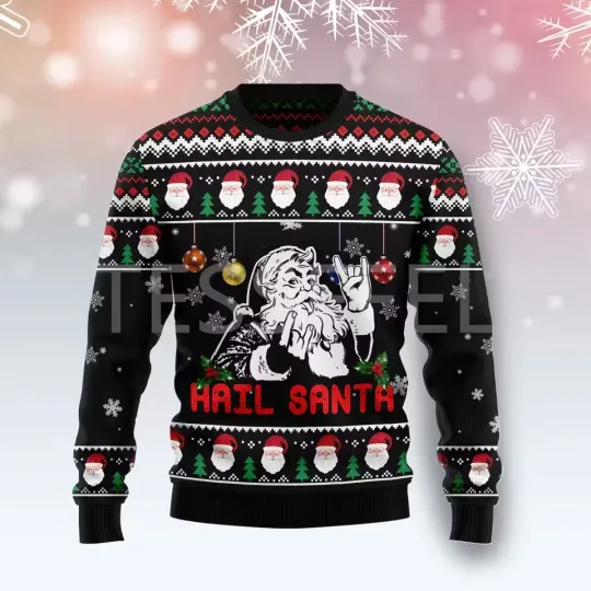Discover Cartoon Dog Cat Santa Claus Tattoo 3D Ugly Christmas Sweater with Long Sleeves