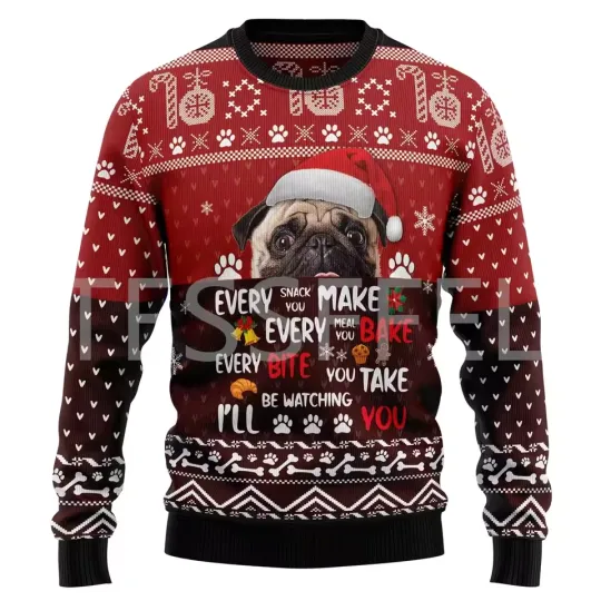 Christmas Ugly Sweater Cartoon Dog Cat Santa Long Sleeve 3D Printed Sweater