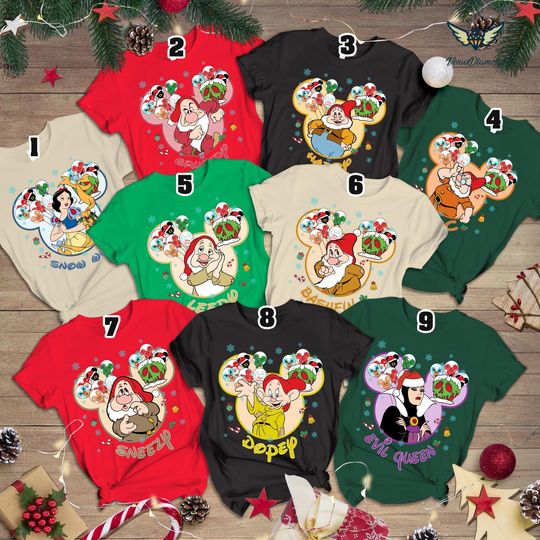Snow White and Seven Dwarfs Christmas Family Matching Shirt, 7 Dwarfs Christmas Sweatshirt, Grumpy Dopey Christmas Group Matching Tee