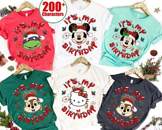 Discover Personalized Disney Mickey and Friends It's My Birthday Christmas Shirt, Custom Family Christmas Birthday Shirt, Disney All Characters Shirt