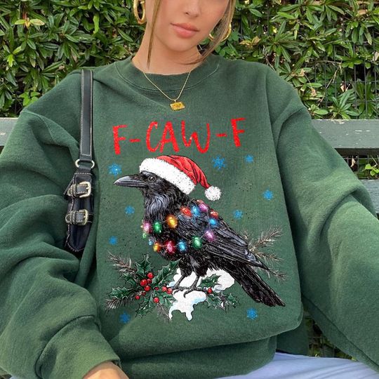 Discover Santa Crow Christmas Sweatshirt, F-Caw-F Holiday Raven Sweater, Merry Crow Graphic Pullover, Funny Xmas Bird Shirt, Funny Christmas Sweater