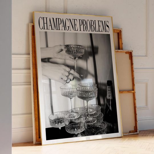 Discover Champagne Glasses Print | Champagne Problems Print Gift | Bar Cart Wall Art | Luxury Bar Cart Decor