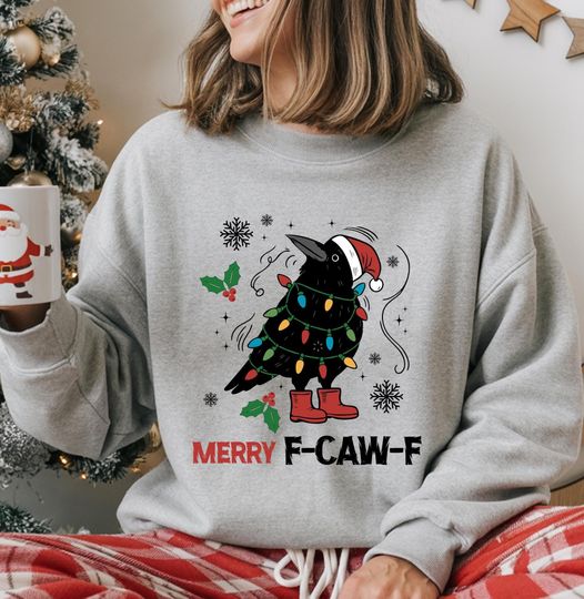 Funny Crow Christmas Sweatshirt, Merry F-Caw-F Shirt, Holiday Pun, Toddler Xmas Tee, Crow Lover Gift for Christmas
